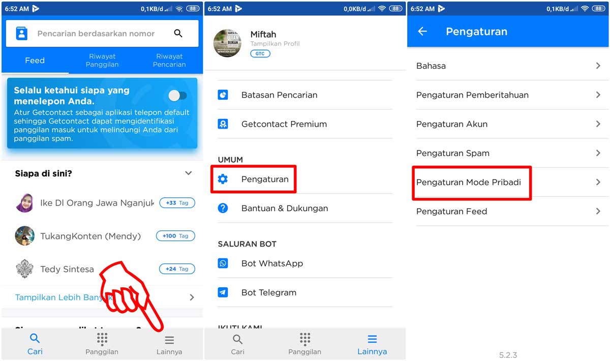  A hand is selecting the 'Pengaturan Mode Pribadi' option in the Getcontact app to hide contact privacy.