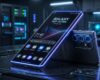 Konsep Samsung Galaxy S27 Ultra futuristik dengan desain ramping dan cahaya teknologi.