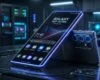 Konsep Samsung Galaxy S27 Ultra futuristik dengan desain ramping dan cahaya teknologi.