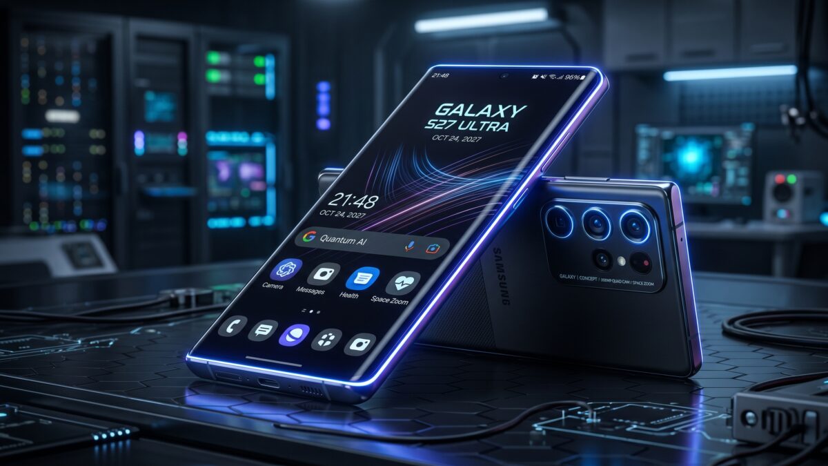 Konsep Samsung Galaxy S27 Ultra futuristik dengan desain ramping dan cahaya teknologi.