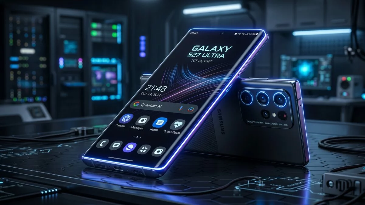 Konsep Samsung Galaxy S27 Ultra futuristik dengan desain ramping dan cahaya teknologi.