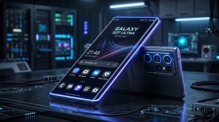 Konsep Samsung Galaxy S27 Ultra futuristik dengan desain ramping dan cahaya teknologi.