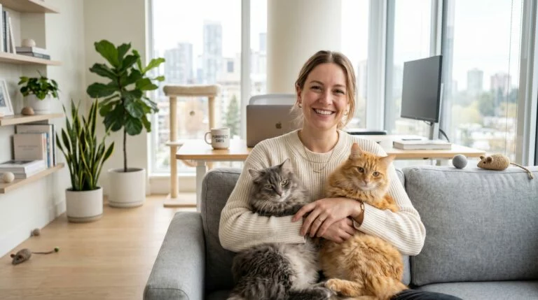 Seorang wanita tersenyum bahagia memeluk dua kucing di lingkungan kerja modern yang nyaman.