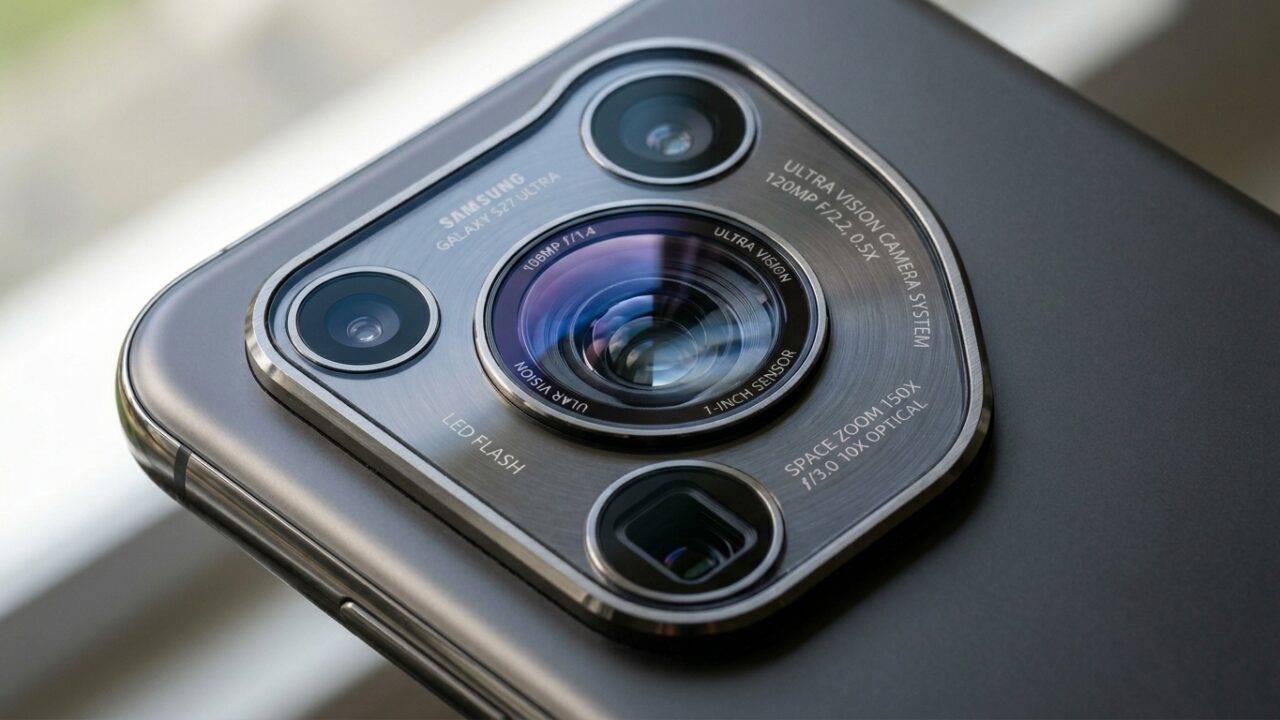 Modul kamera Samsung Galaxy S27 Ultra yang didesain ulang dengan lensa besar.