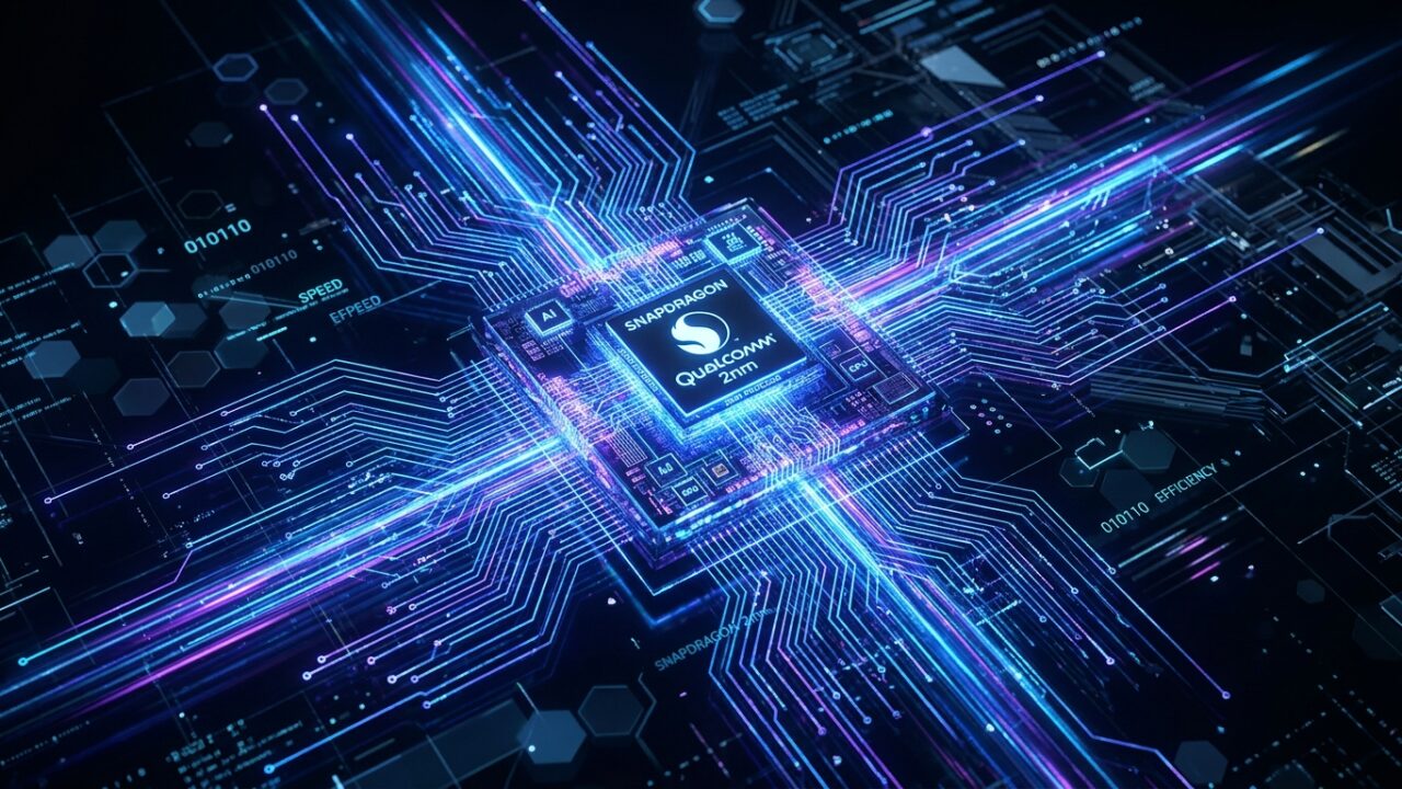 Representasi abstrak chipset Snapdragon 2nm yang canggih dengan sirkuit bercahaya.