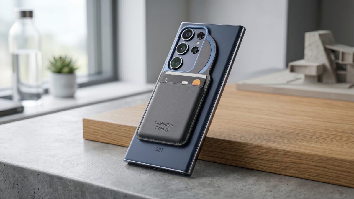 Gambar konseptual bagian belakang Samsung Galaxy S27 dengan modul kamera baru dan aksesori magnetik yang menempel.