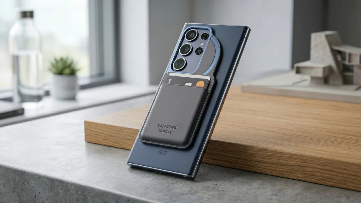 Gambar konseptual bagian belakang Samsung Galaxy S27 dengan modul kamera baru dan aksesori magnetik yang menempel.