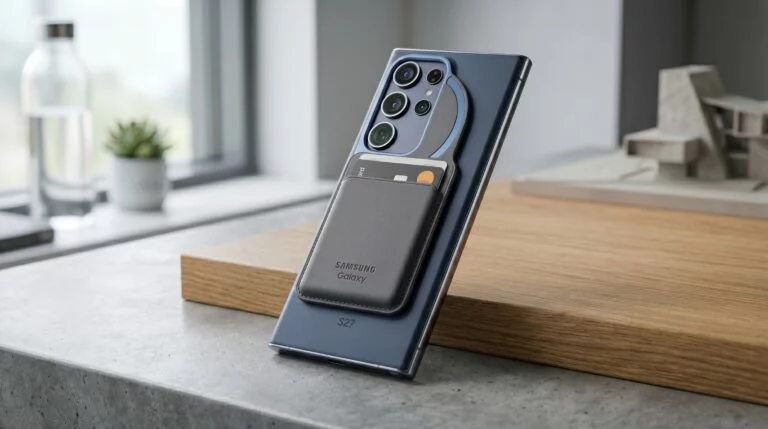 Gambar konseptual bagian belakang Samsung Galaxy S27 dengan modul kamera baru dan aksesori magnetik yang menempel.