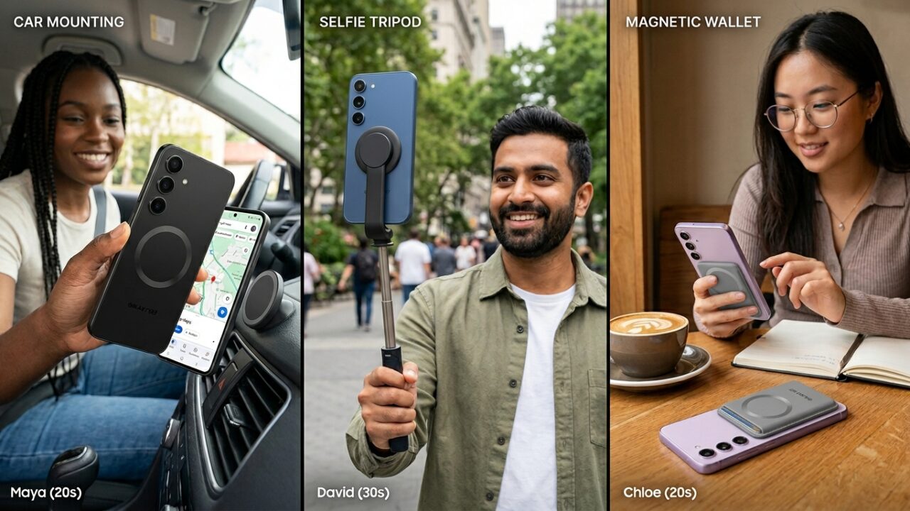 Ilustrasi berbagai skenario penggunaan Galaxy S27 dengan aksesori magnetik oleh beberapa orang.