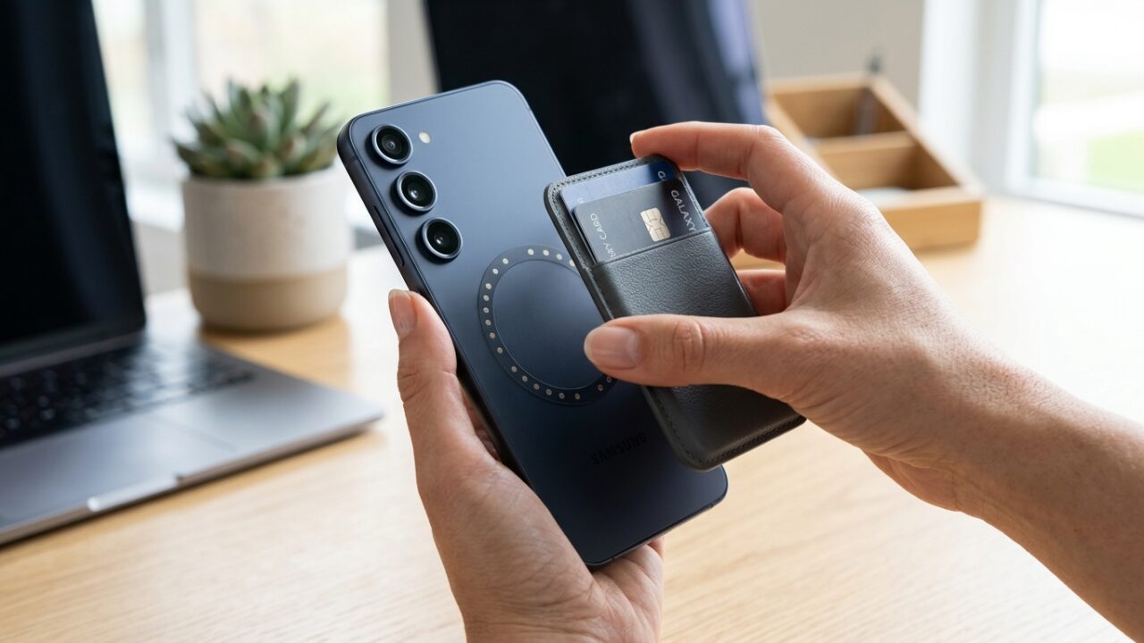 Tangan menempelkan aksesori magnetik (dompet kartu) ke bagian belakang Galaxy S27.