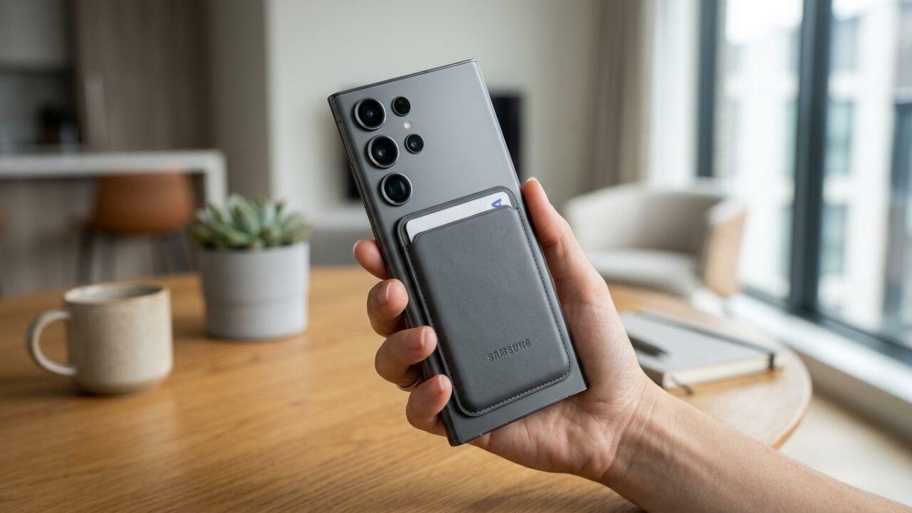Tangan memegang Samsung Galaxy S27 Ultra dengan aksesori magnetik terpasang di bagian belakang.