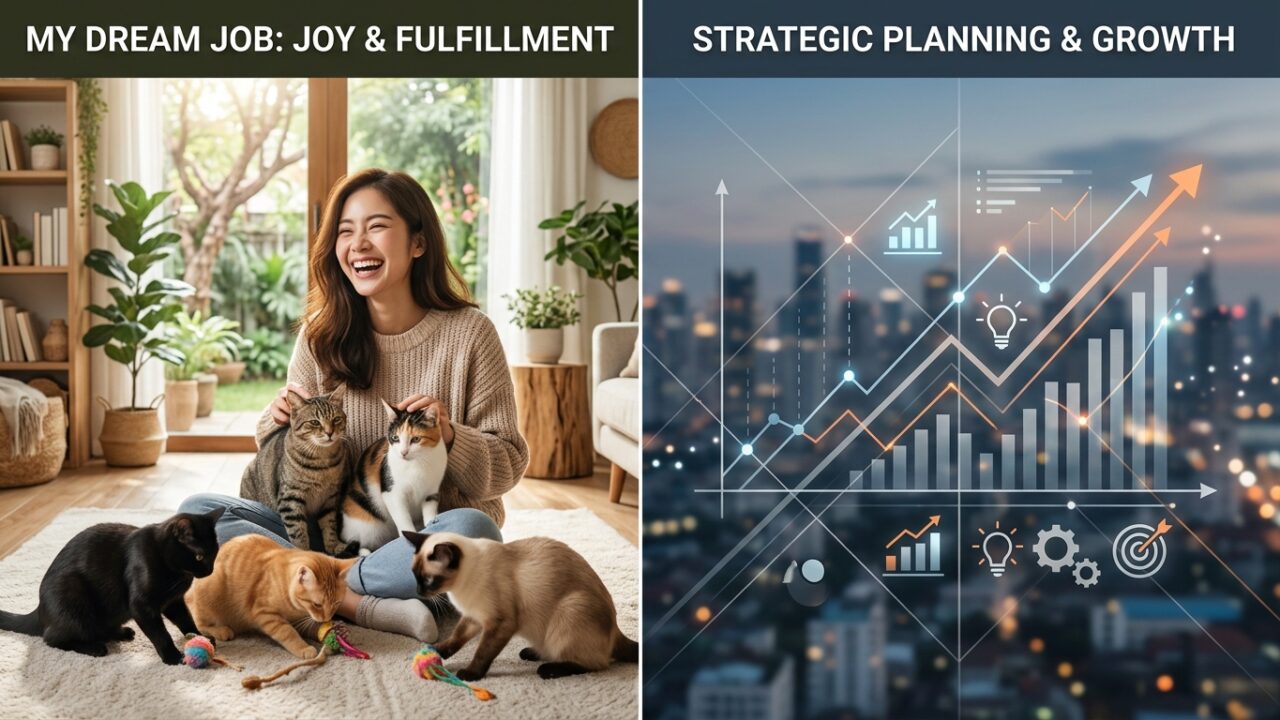 Gambar terpisah menunjukkan seseorang bersama kucing (karir impian) dan grafik pemasaran abstrak (strategi bisnis).