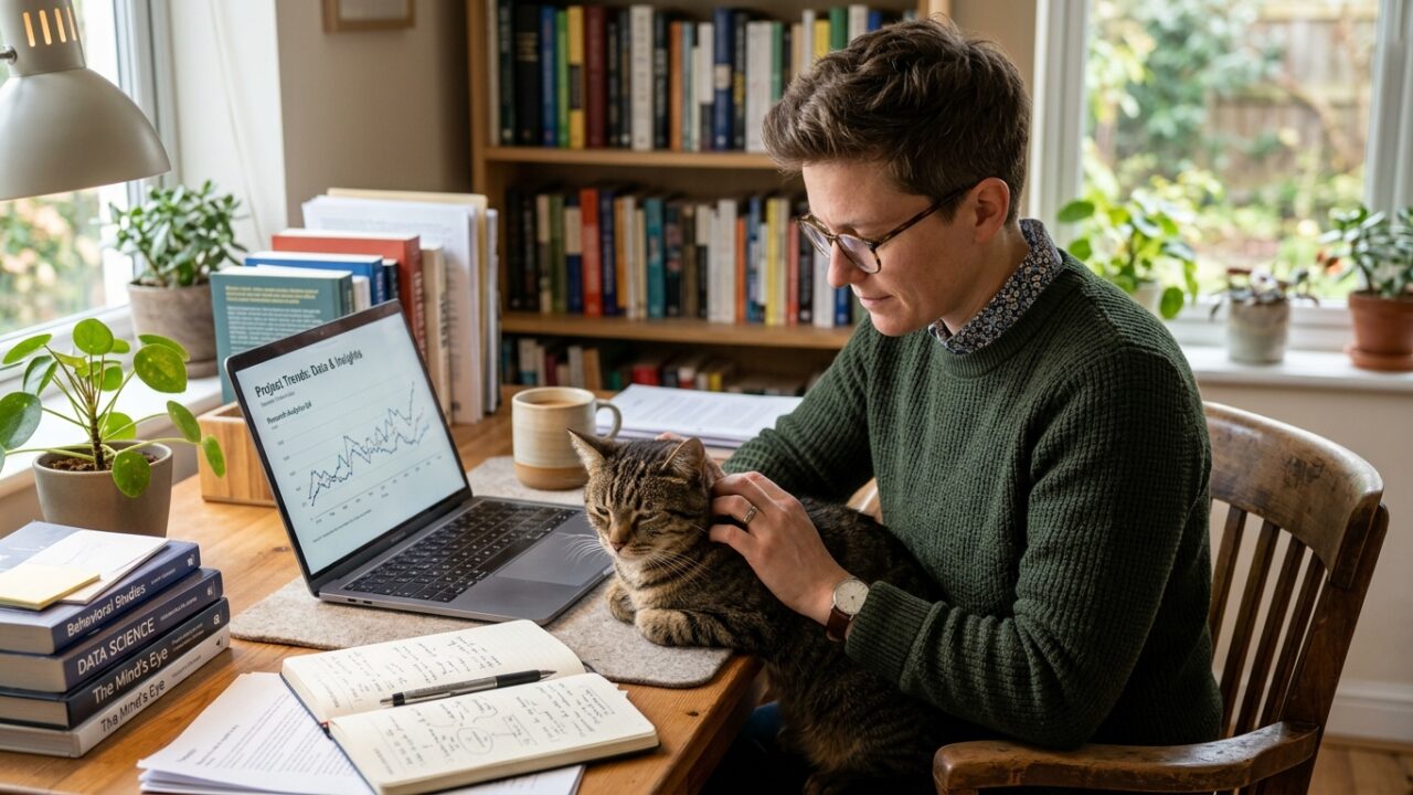 Seseorang sedang membelai kucing di meja kerja, dengan laptop dan catatan, menunjukkan sisi analitis atau tujuan di balik pekerjaan.
