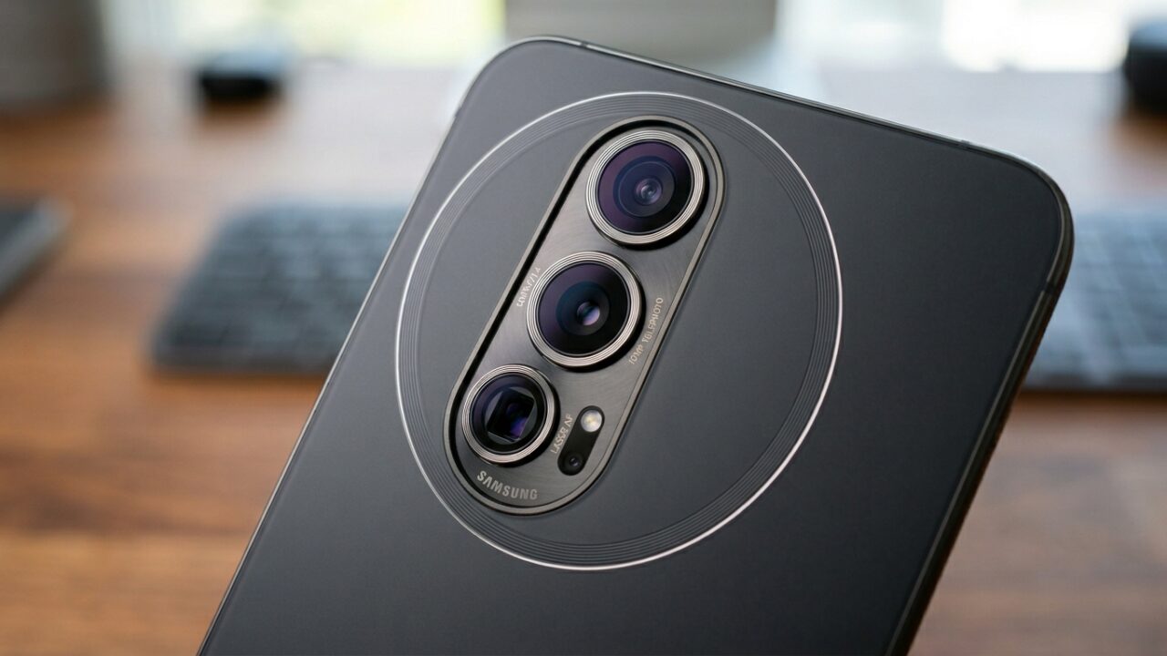 Detail close-up modul kamera belakang Galaxy S27 yang didesain ulang dengan indikasi magnetik.
